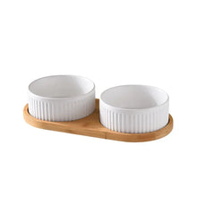 Ceramic Dog & Cat Bowl with Wooden Stand in 2-Bowl (White)