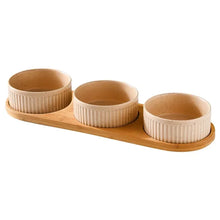 Ceramic Dog & Cat Bowl with Wooden Stand in 3-Bowl (Beige)