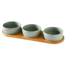 Ceramic Dog & Cat Bowl with Wooden Stand in 3-Bowl (Green)