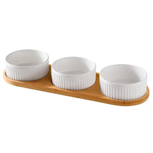 Ceramic Dog & Cat Bowl with Wooden Stand in 3-Bowl (White)