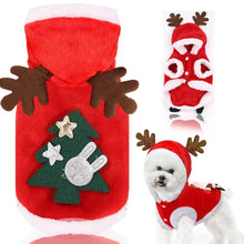 Red Christmas dog hoodie with reindeer antlers and tree design