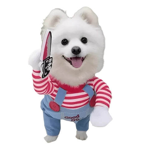 Chucky-inspired dog costume showing outfit and foam knife