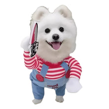 Chucky-inspired dog costume showing outfit and foam knife