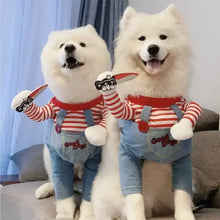 Dog wearing horror doll Halloween costume