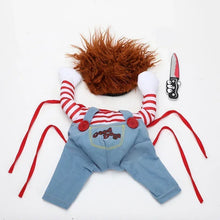 Chucky-inspired dog costume with character wig and clothing