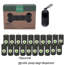 20 rolls of black dog doop bags and a box with dispenser