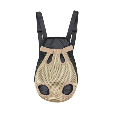 Beige mesh pet carrier with black shoulder straps