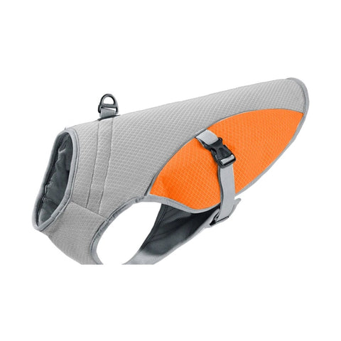 Grey and orange dog cooling vest harness with reflective trim