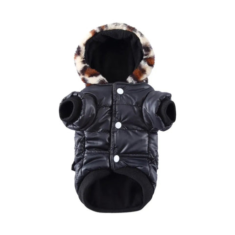 Black quilted dog coat with leopard lined hood