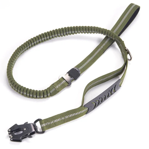 Heavy Duty Tactical Bungee Dog Leash with Seatbelt in Army Green