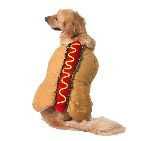 Dog wearing hot dog pet costume for Halloween