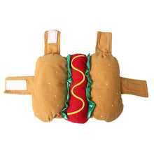 Hot dog pet costume with sausage and bun design