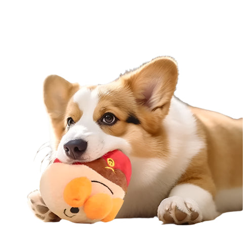 dog chewing a plush pumping dog toy