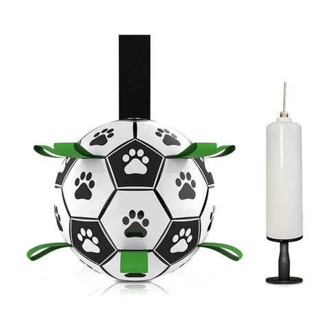 Football dog toy with fabric tabs and hand pump