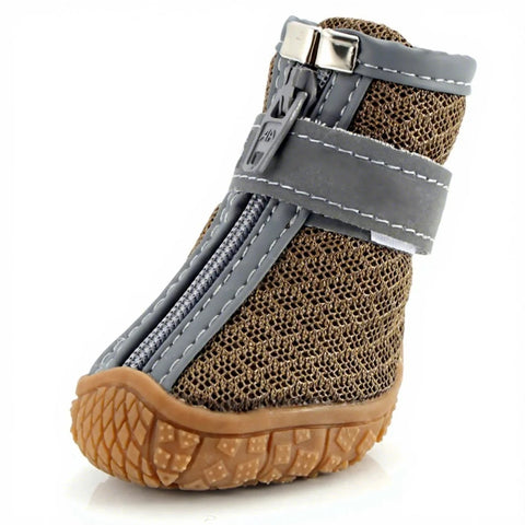 Brown breathable mesh dog boot with zip and reflective strap