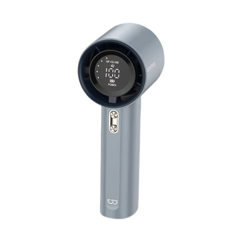 Grey rechargeable handheld turbo fan with digital speed display