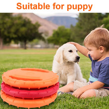 child petting a dog with toy disc in front