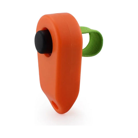 Orange pet training clicker with green finger loop