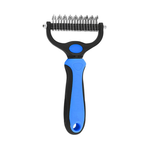 Blue and black pet deshedding rake