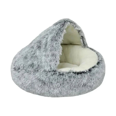 Grey hooded plush cat bed