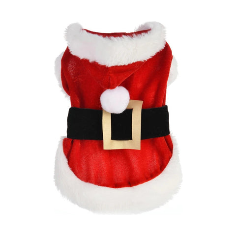 Red Santa dog costume with white trim and belt