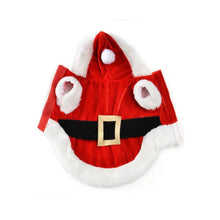 Red Santa pet costume with white trim and black belt