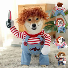 Dog wearing Chucky-inspired Halloween costume outdoors