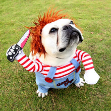 Small dog wearing scary Chucky character costume