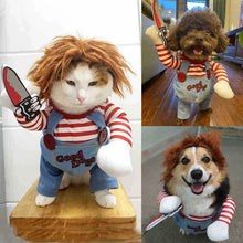 Chucky-inspired dog costume with character arms