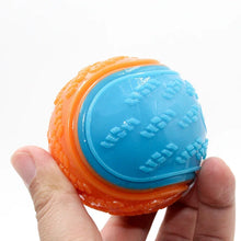 hand holding a squeaky dog ball toy on white backgound