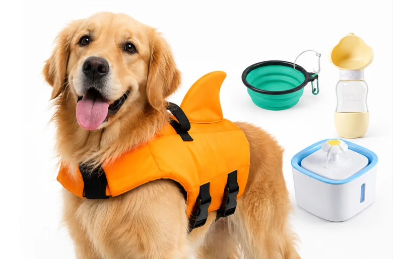 Golden retriever wearing an orange shark fin dog life jacket with a collapsible water bowl, portable water bottle and pet water fountain