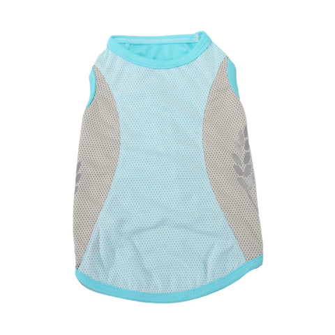 Light blue and grey dog cooling vest with reflective trim
