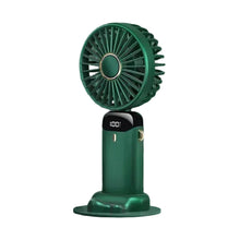 Green foldable USB mini fan with phone stand and display screen