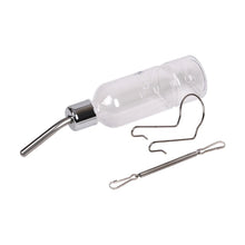 Small pet water bottle with metal mounting clips