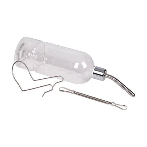 Small pet water bottle with mounting wire and spring