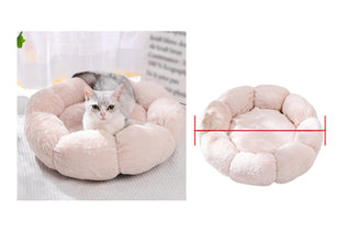 White and grey cat resting in a pale pink flower-shaped plush cat bed with soft padded petals and a cushioned centre