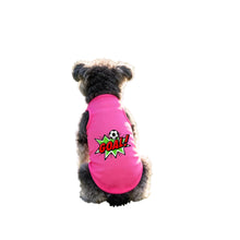 Small dog wearing a bright pink soccer-themed shirt with a GOAL graphic and football design on the back