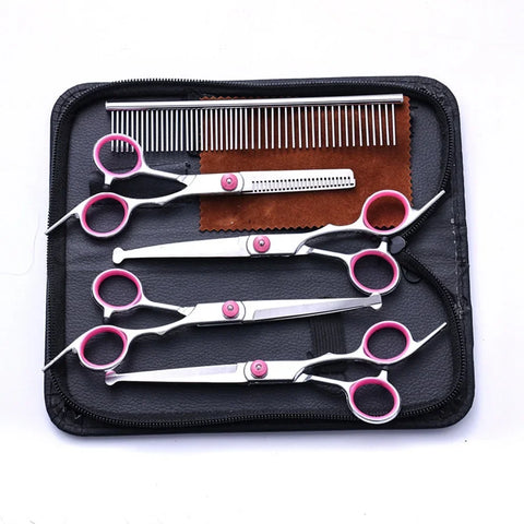 Professional dog grooming scissors set with pink finger rings, straight, curved and thinning shears, metal comb and storage case