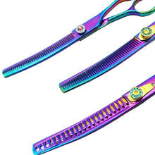 Close-up of rainbow curved dog grooming thinning shears with fine and wide tooth patterns for coat blending and texturising