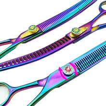 Rainbow dog grooming thinning shears with adjustable tension screw and multiple tooth patterns for coat blending and texturising
