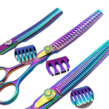 Rainbow dog grooming thinning shears showing different tooth patterns for blending, thinning and texturising pet coats