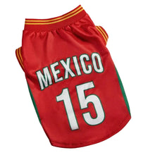 Red Mexico 15 football-style dog jersey with green side panels and yellow striped trim