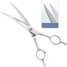 Silver curved dog grooming scissors with sharp precision blades and ergonomic finger rings for pet coat trimming