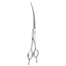 Silver curved dog grooming shears with ergonomic finger rings and long precision blades for coat trimming