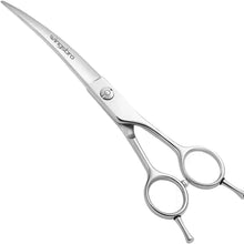 Silver curved pet grooming scissors with ergonomic finger rings for dog and cat coat trimming