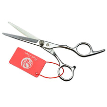 Silver straight dog grooming scissors with open precision blades and ergonomic finger rings for pet coat trimming