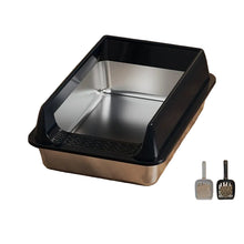 High-sided stainless steel cat litter box with black splash guard and two litter scoops