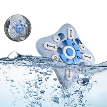 Blue interactive dog puzzle toy shown in water and a dishwasher, highlighting its washable, easy-clean design
