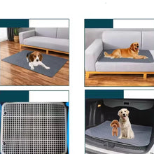 Washable waterproof dog mat shown on the floor, sofa and car boot for protecting surfaces from pet mess
