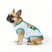 French Bulldog wearing a white mesh Brazil-style soccer dog jersey with blue trim and football graphic
